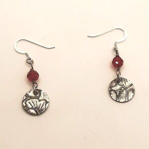 Sterling & 999 Flower Petal Coin Silver Red Crystal Dangle Hook Earrings 1.6”